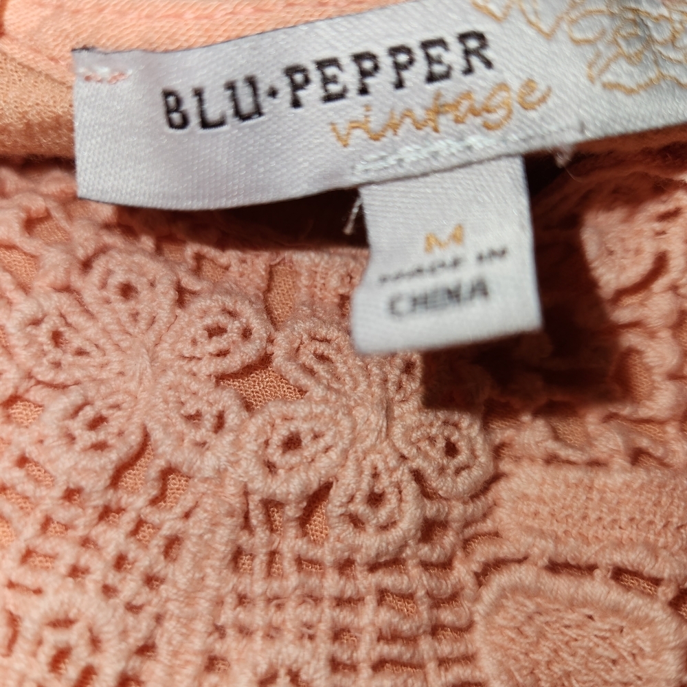 Blu Pepper Vintage Apricot Peasant Blouse Size M Crochet Bell Sleeve Boho Ties - Picture 6 of 9